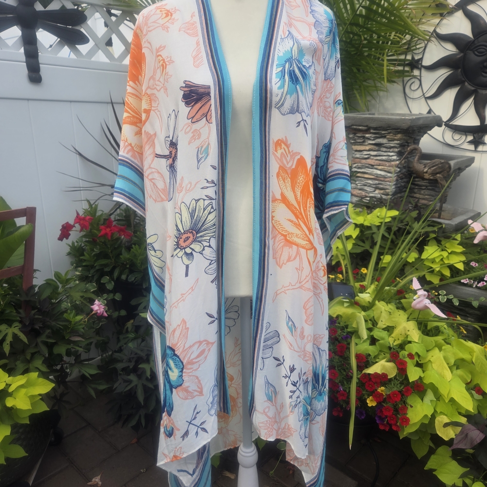 Floral Kimono with Blue and Orange Accents